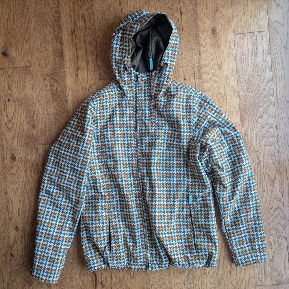 Y2K Burton Ski Snowboard Jacket Brown Blue Houndstooth Hooded Womens Sz L *READ